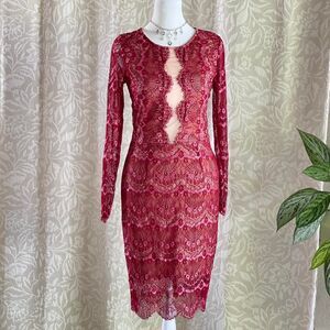Charlotte Russe Burgundy Lace Illusion Bodycon Dress Long Sleeve‎ Scallop Hem M